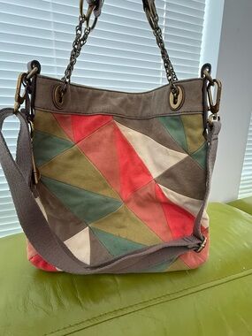 Fossil Patchwork Canvas Shoulder Bag in Coral, Green, Tan and Cream